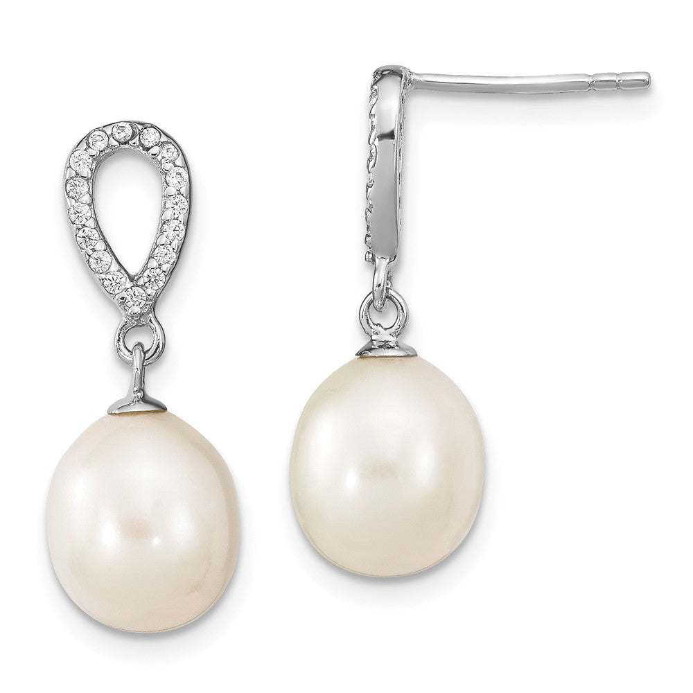 925 Sterling Silver Rhodium-Plated 8-9mm Rice Freshwater Cultured Pearl Cubic Zirconia ( CZ ) Post Dangle Earrings, 19mm x 8mm
