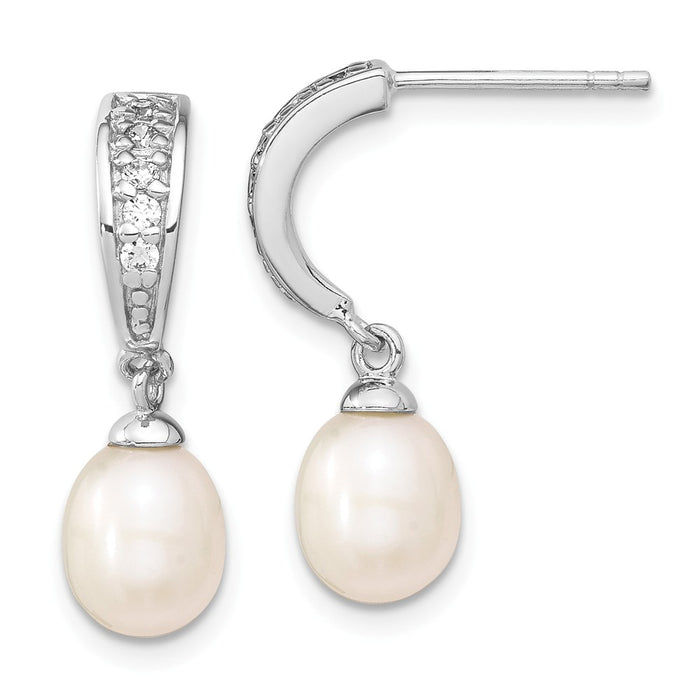 925 Sterling Silver Rhodium-Plated 7-8mm White Freshwater Cultured Pearl Cubic Zirconia ( CZ ) Post Dangle Earrings, 25.5mm x 7.83mm
