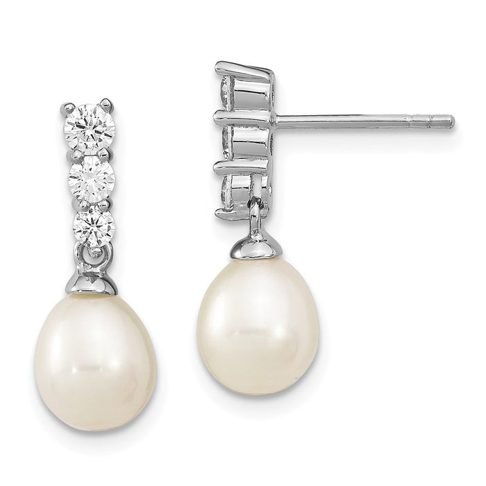 925 Sterling Silver Rhodium-Plated 7-8mm White Freshwater Cultured Pearl Cubic Zirconia ( CZ ) Post Earrings, 19mm x 7.75mm