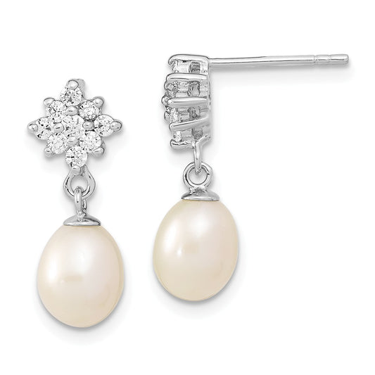 925 Sterling Silver Rhodium-plated 6-7mm Wt Rice Freshwater Cultured Pearl Cubic Zirconia ( CZ ) Post Dangle Earrings, 19mm x 6.96mm