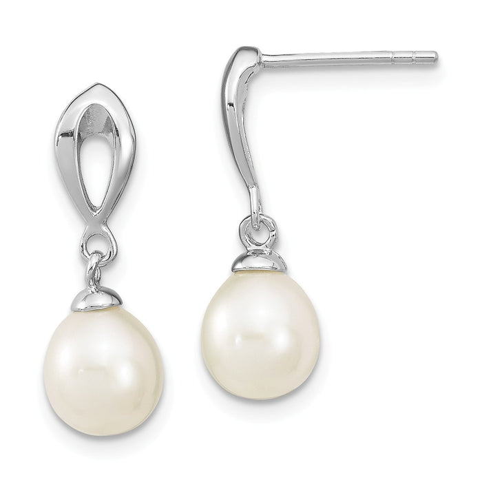 925 Sterling Silver Rhodium-Plated 7-8mm White Freshwater Cultured Pearl Post Dangle Earrings, 19mm x 7.07mm