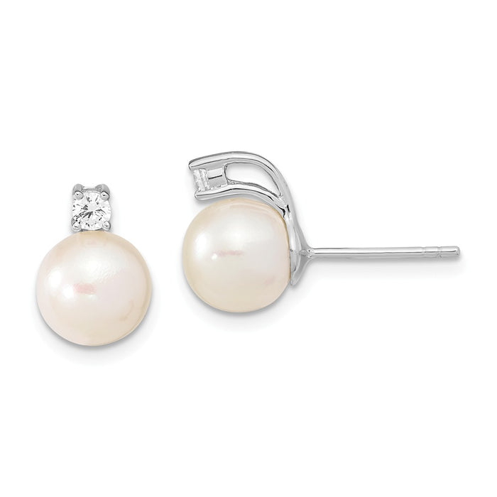 925 Sterling Silver Rhodium-plated 8-9mm White Round Freshwater Cultured Pearl Cubic Zirconia ( CZ ) Post Earrings, 11.3mm x 8.25mm