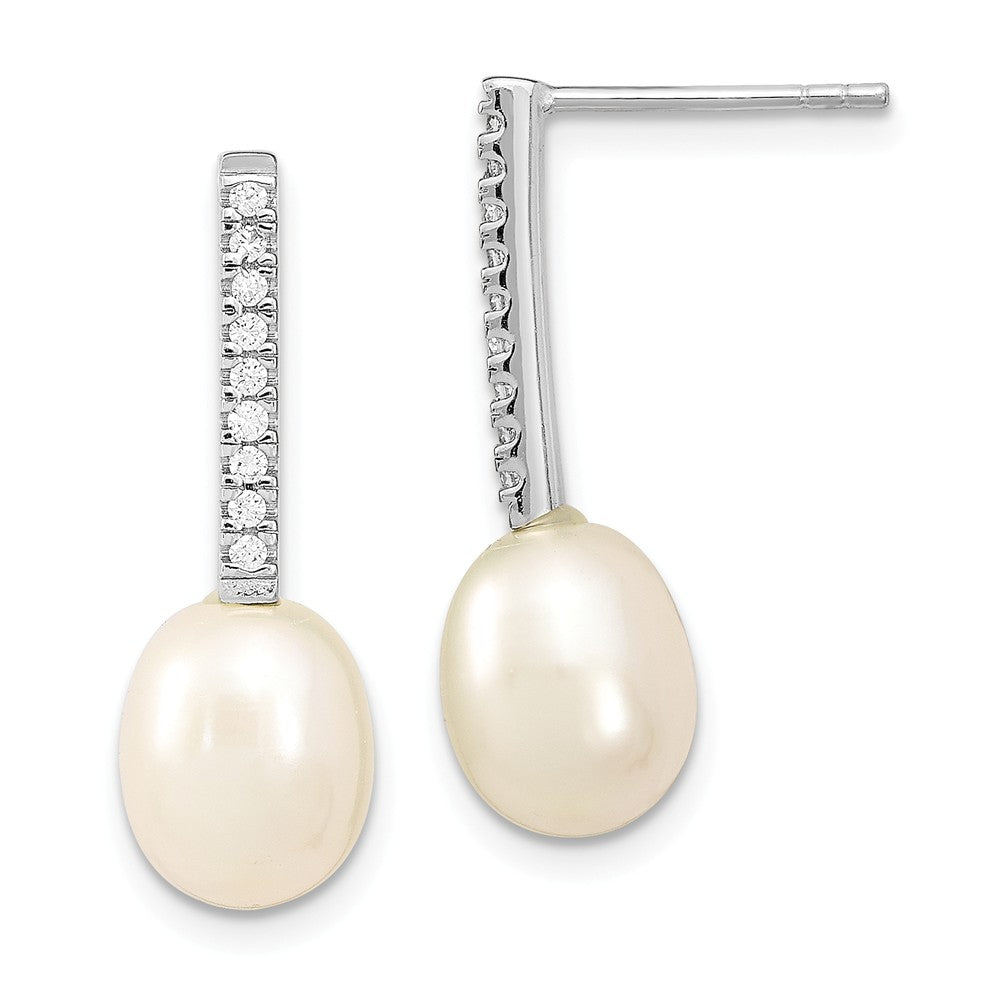 925 Sterling Silver Rhodium-plated 8-9mm Rice Freshwater Cultured Pearl Cubic Zirconia ( CZ ) Post Dangle Earrings, 25.5mm x 8.32mm