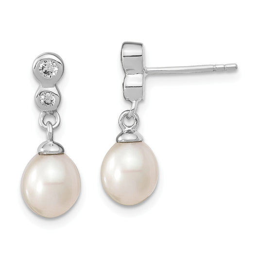 925 Sterling Silver Rhodium-Plated 7.25mm Rice Freshwater Cultured Pearl Cubic Zirconia ( CZ ) Post Dangle Earrings, 19mm x 7.35mm