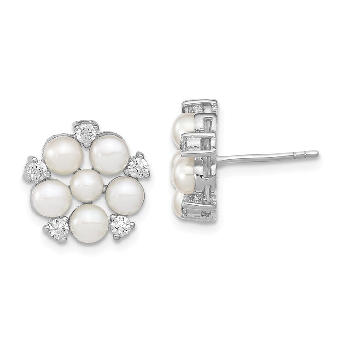 925 Sterling Silver Rhodium-Plated 3-5mm White Button Freshwater Cultured Pearl Cubic Zirconia ( CZ ) Post Earrings, 13.11mm x 13.11mm