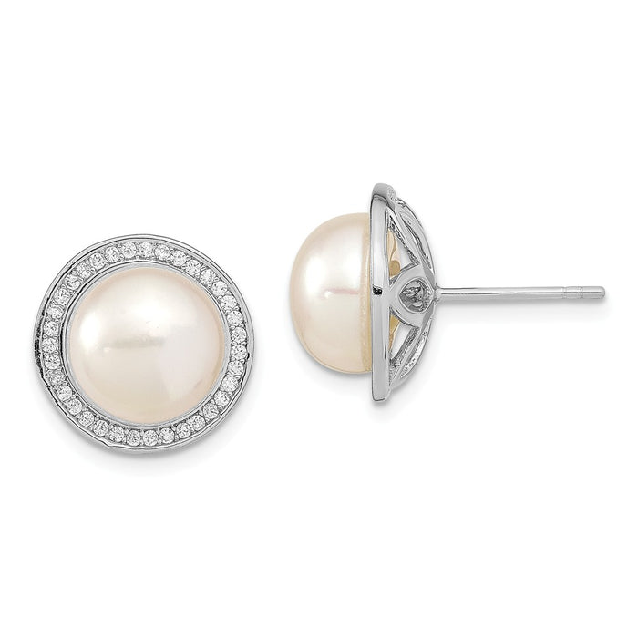925 Sterling Silver Rhodium-Plated 10-11mm Button Freshwater Cultured Pearl Cubic Zirconia ( CZ ) Post Earrings, 13.6mm x 13.6mm