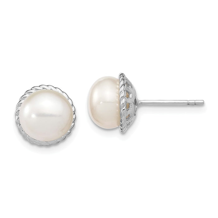 925 Sterling Silver Rhodium-Plated 8-9mm White Button Freshwater Cultured Pearl Post Earrings, 10.35mm x 10.35mm
