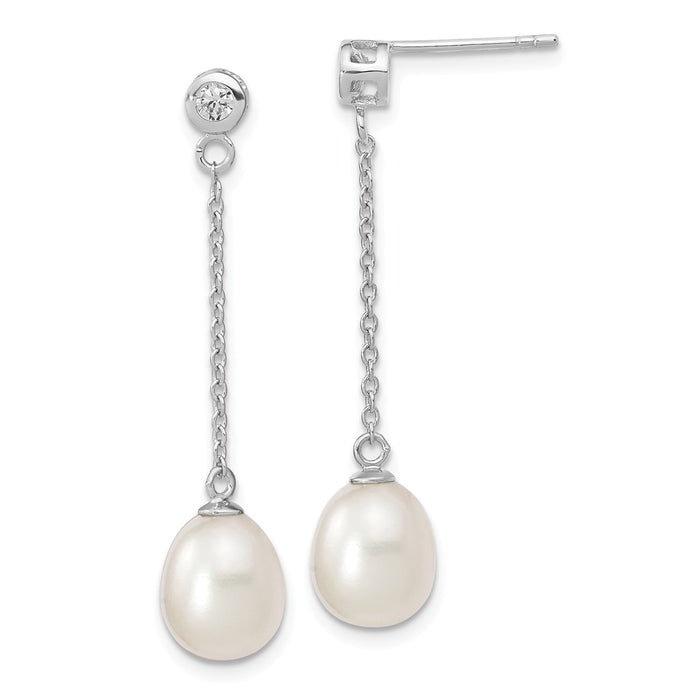 925 Sterling Silver Rhodium-Plated 8-9mm Rice Freshwater Cultured Pearl Cubic Zirconia ( CZ ) Post Dangle Earrings, 38mm x 8.39mm