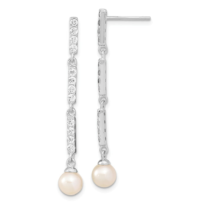 925 Sterling Silver Rhodium-plated 6-7mm Rice Freshwater Cultured Pearl Cubic Zirconia ( CZ ) Post Dangle Earrings, 1.75mm x 6.51mm