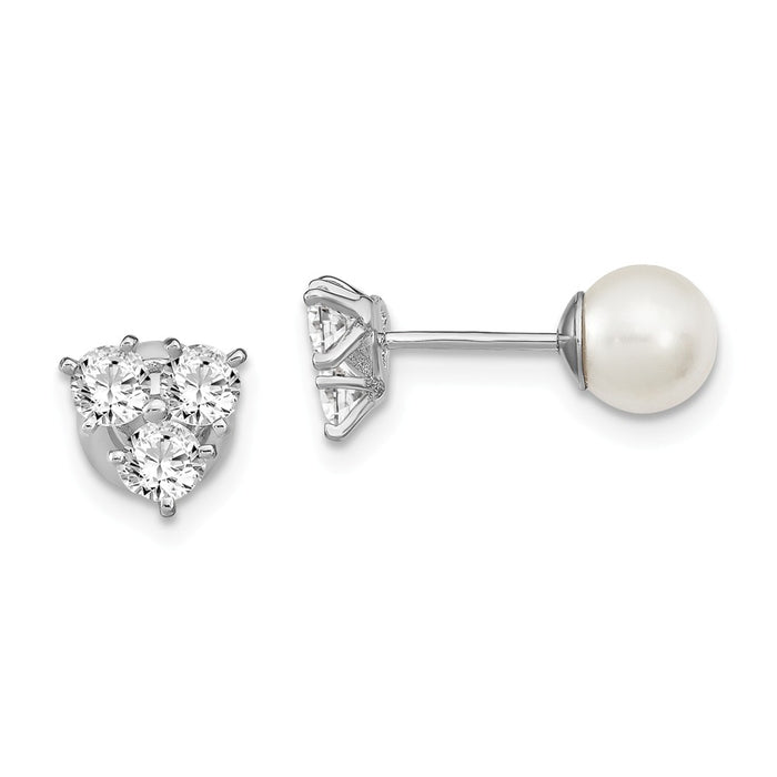 925 Sterling Silver Rh-pl Cubic Zirconia ( CZ ) & Imitation Shell Pearl Front & Back Earrings, 7mm x 7mm