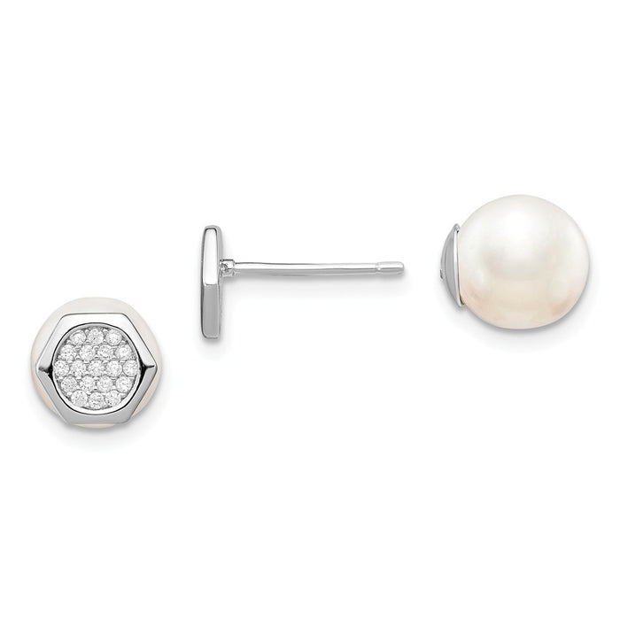 925 Sterling Silver Rh-pl Cubic Zirconia ( CZ ) & Imitation Shell Pearl Front & Back Earrings, 6.86mm x 6.86mm