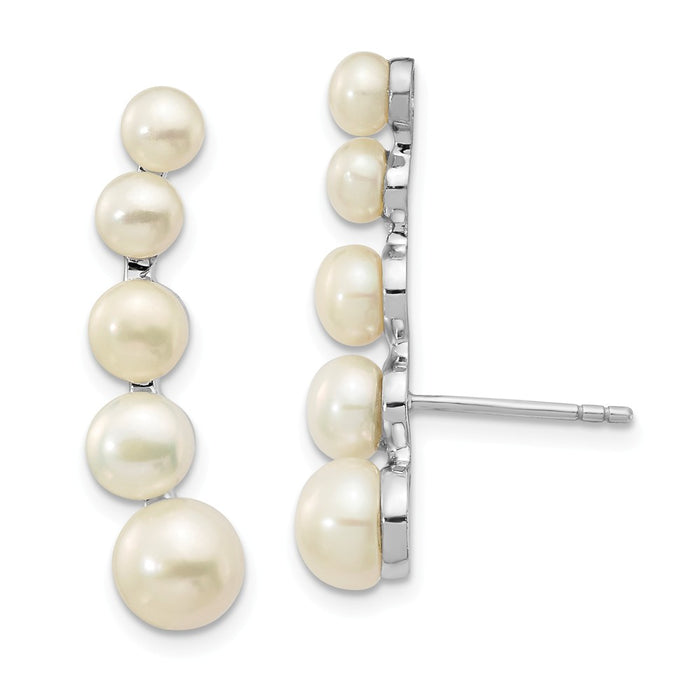 925 Sterling Silver Rhodium-Plated 4-6mm White Button Freshwater Cultured Pearl Ear Climber Post Earrings, 32mm x 7.22mm