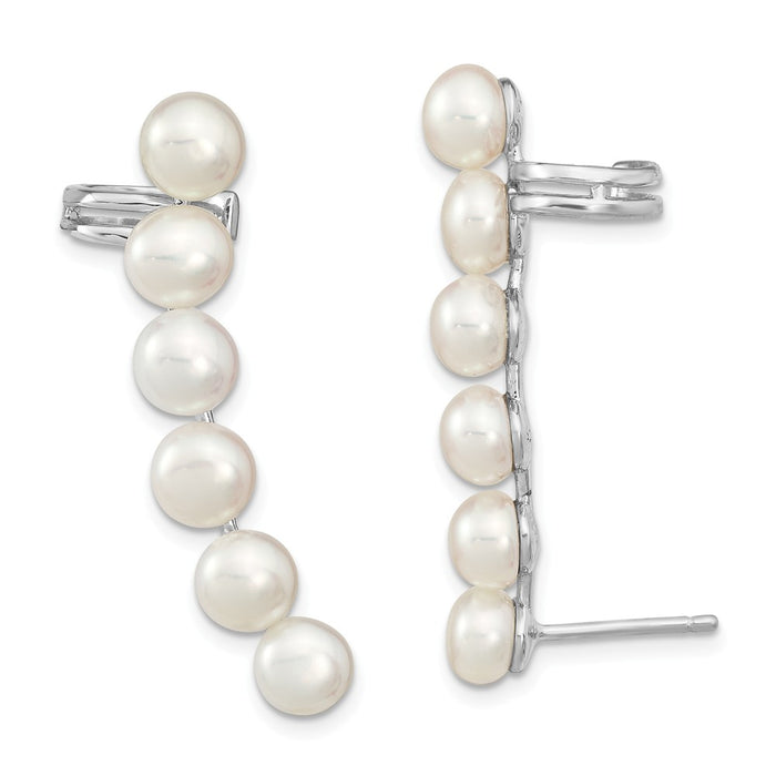 925 Sterling Silver RH-plated 5-6mm White Freshwater Cultured Pearl Ear Climber & Cuff Earrings, 38mm x 6mm