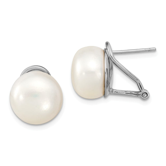 925 Sterling Silver Rhodium-plated 12-13mm Wt Freshwater Cultured Pearl Omega Back Earrings, 12.79mm x 12.79mm