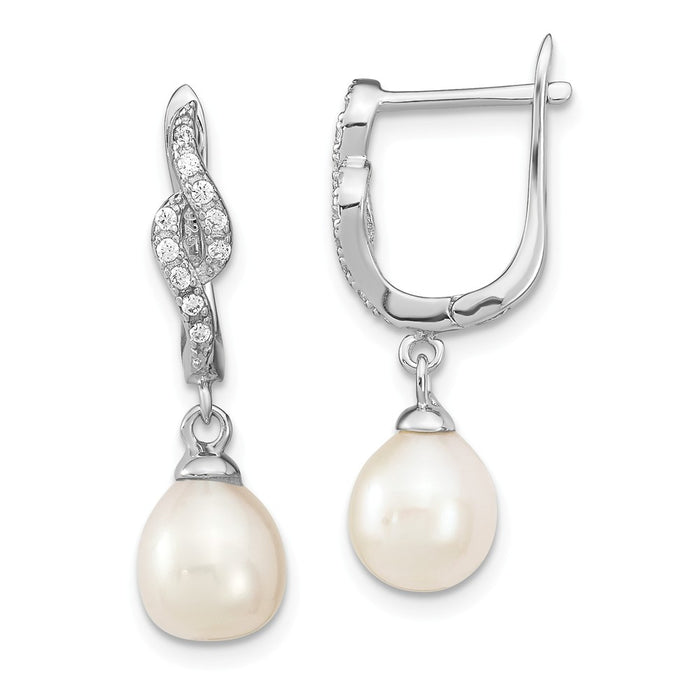 925 Sterling Silver Rhodium-Plated 7-8mm Wte Rice Freshwater Cultured Pearl Cubic Zirconia ( CZ ) Dangle Earrings, 25.5mm x 7.5mm