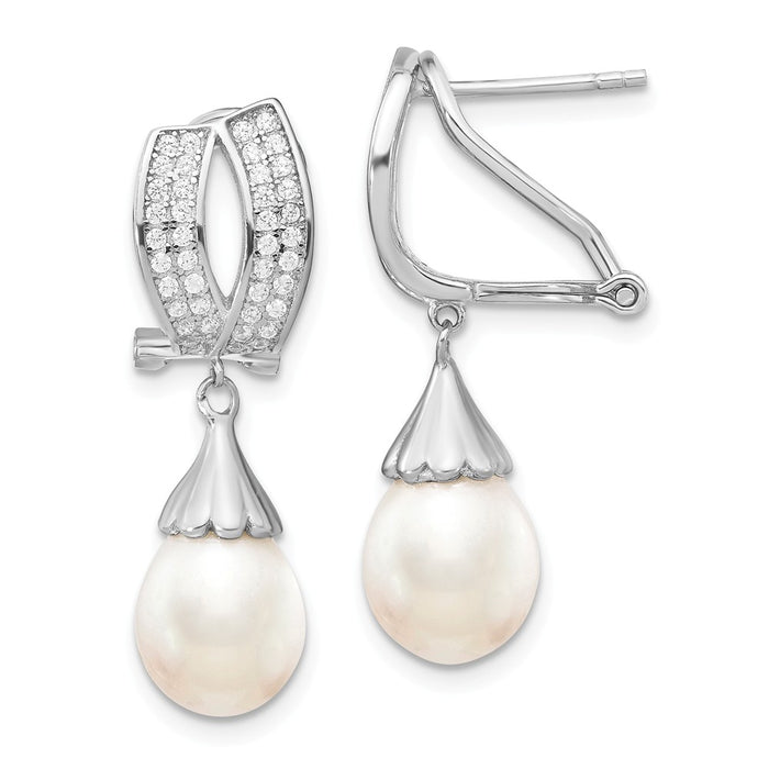 925 Sterling Silver Rhodium-Plated 8-9mm Rice Freshwater Cultured Pearl Cubic Zirconia ( CZ ) Omega Back Earrings, 32mm x 9.18mm