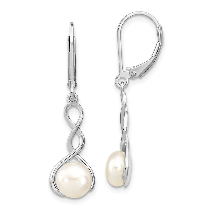 925 Sterling Silver Rhodium-plated 7-8mm Button Freshwater Cultured Pearl Leverback Earrings, 38mm x 9.08mm