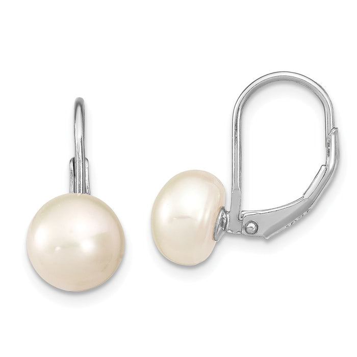 925 Sterling Silver Rhodium-plated 8-9mm Button Freshwater Cultured Pearl Leverback Earrings, 19mm x 8.19mm