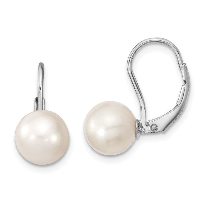 925 Sterling Silver Rhodium-Plated 8-9mm Round Freshwater Cultured Pearl Leverback Earrings, 19mm x 7.92mm