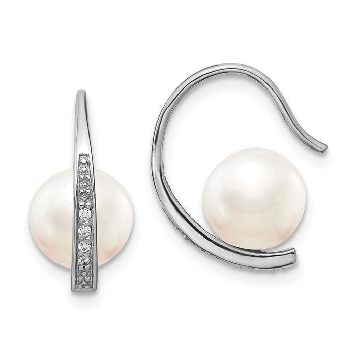 925 Sterling Silver Rhodium-plated with Cubic Zirconia ( CZ ) & Freshwater Cultured Pearl Earrings, 12.5mm x 8mm