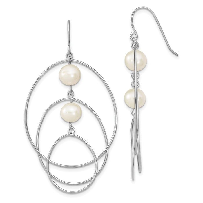 925 Sterling Silver Rhodium-Plated 8-9mm White Round Freshwater Cultured Pearl Hoop Earrings, 60mm x 31mm