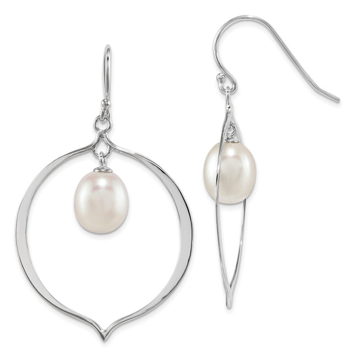925 Sterling Silver Rhodium- pl 8-9mm White Rice Freshwater Cultured Pearl Dangle Earrings, 46mm x 28mm