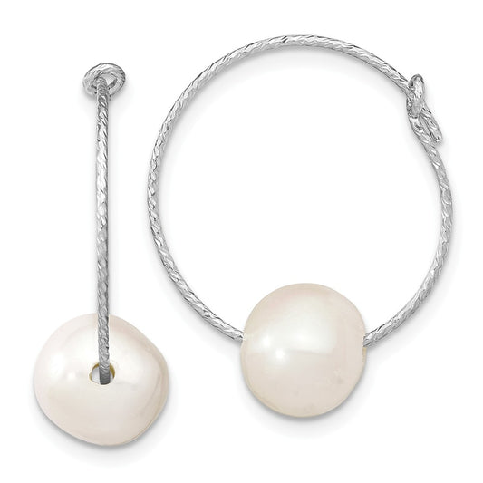 925 Sterling Silver Rhodium-plated 8-9mm Round Freshwater Cultured Pearl Hoop Earrings, 24mm x 8.08mm