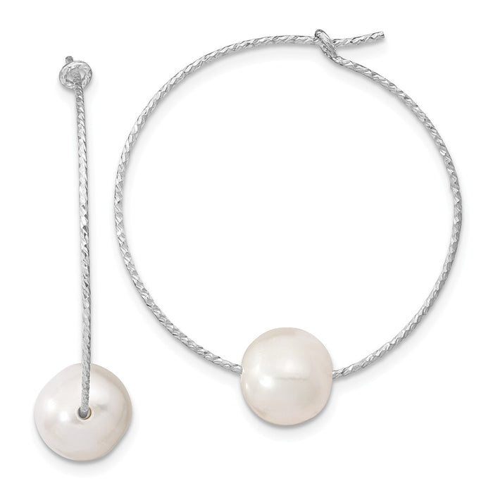 925 Sterling Silver Rhodium-Plated 8-9mm White Round Freshwater Cultured Pearl Hoop Earrings, 36mm x 8.25mm