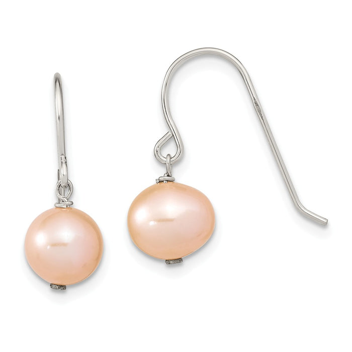 925 Sterling Silver Rhodium-Plated 7-8mm Pink Round Freshwater Cultured Dangle Earrings, 21.5mm x 7.5mm