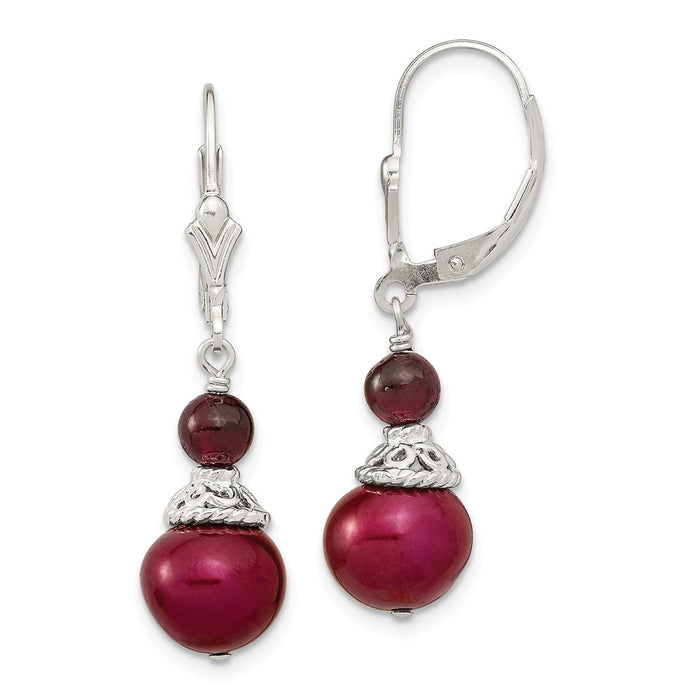 925 Sterling Silver Garnet & 9-10mm Cranberry Freshwater Cultured Pearl Leverback Earrings, 35.5mm x 9.22mm