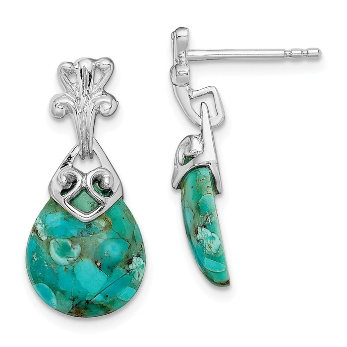 925 Sterling Silver Rhodium-plated with Reconstituted Turquoise Dangle Earrings, 23.5mm x 10.35mm