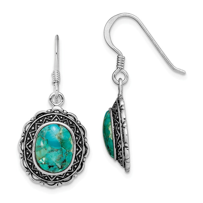925 Sterling Silver Rhodium-plated Antiqued with Recon. Turquoise Earrings, 30mm x 14mm