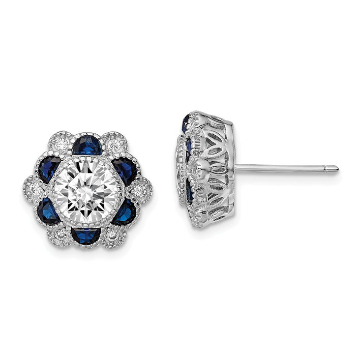 925 Sterling Silver Rhodium-plated Blue Spinel & Cubic Zirconia ( CZ ) Flower Post Earrings, 12.5mm x 12.5mm