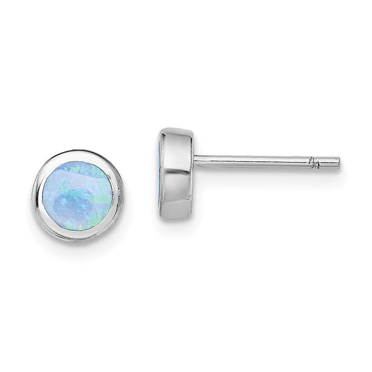 925 Sterling Silver Rhodium-plated Synthetic Blue Opal Post Earrings, 6.2mm x 6.2mm