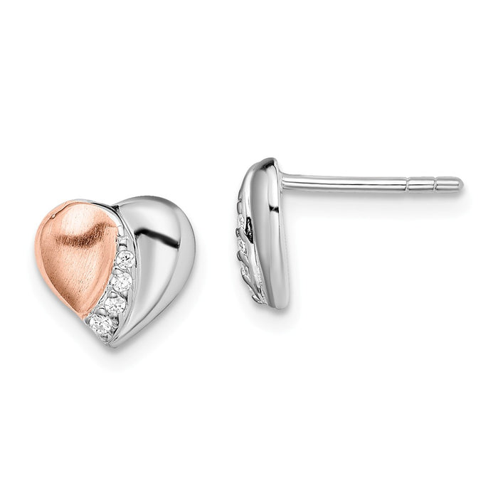925 Sterling Silver Rhodium & Rose Gold-plated Polish/Satin Cubic Zirconia ( CZ ) Heart Earrings, 8mm x 8.8mm