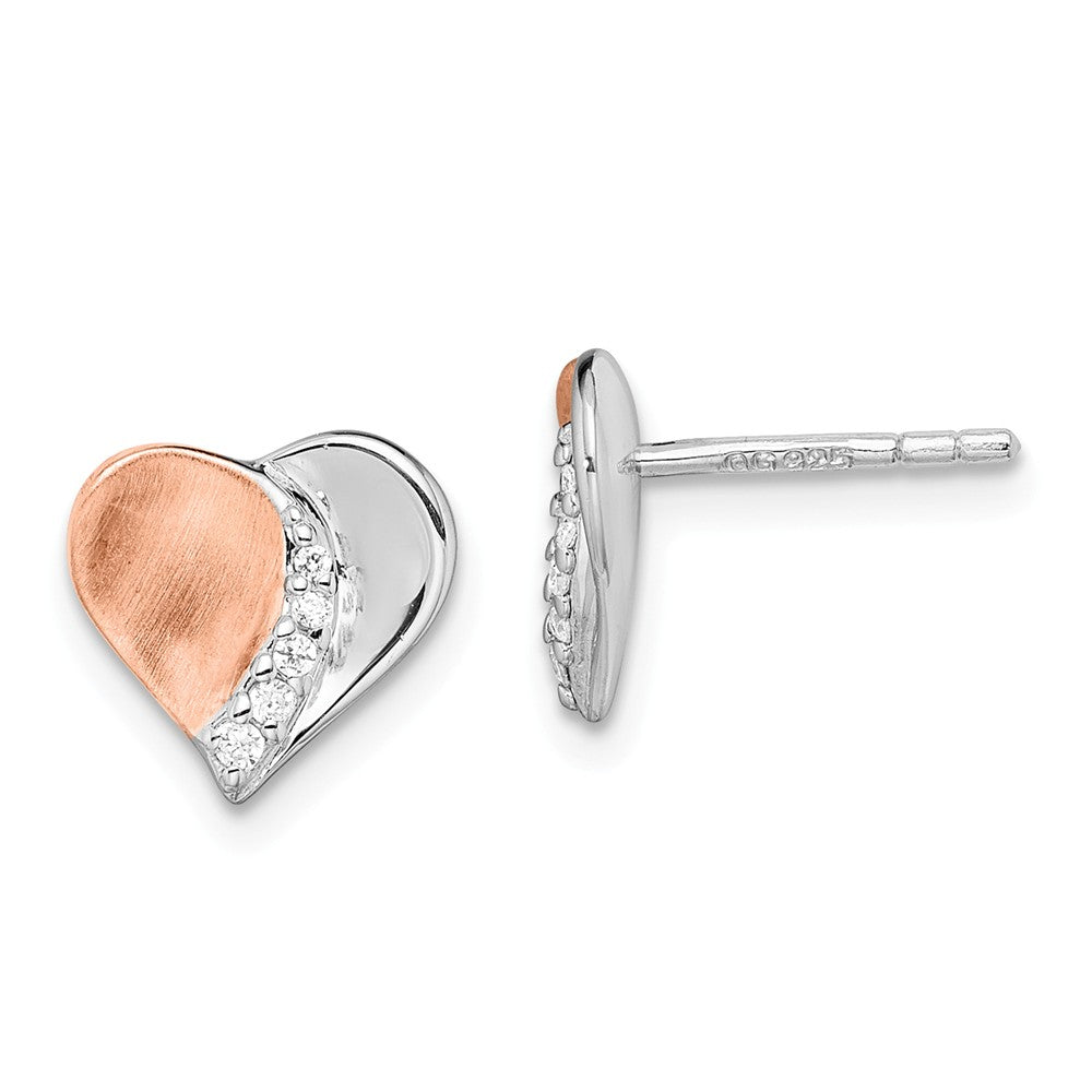 925 Sterling Silver Rhodium & Rose Gold-plated Polish/Satin Cubic Zirconia ( CZ ) Heart Earrings, 9mm x 10mm