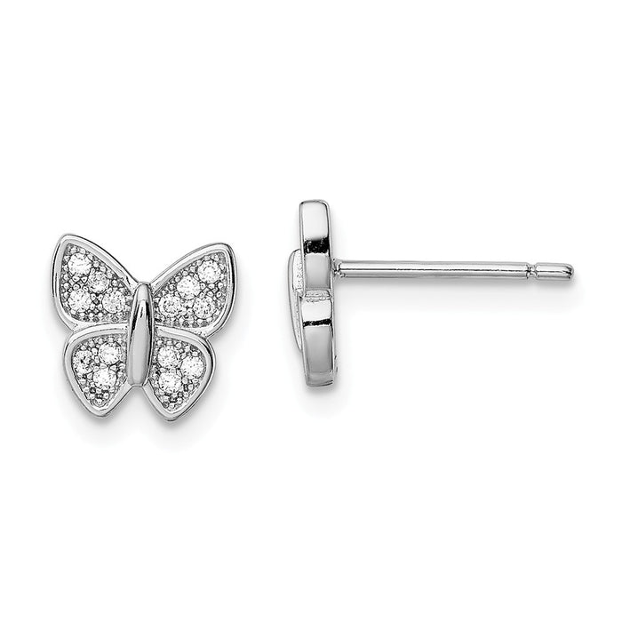 925 Sterling Silver Rhodium-plated Cubic Zirconia ( CZ ) Butterfly Post Earrings, 8mm x 8mm