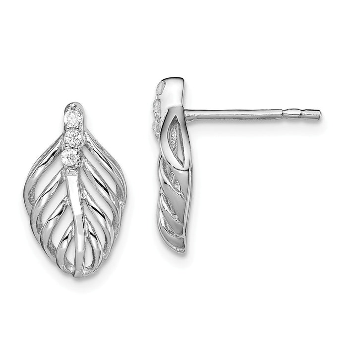 925 Sterling Silver Rhodium-plated Cubic Zirconia ( CZ ) Leaf Post Earrings, 15mm x 8.5mm