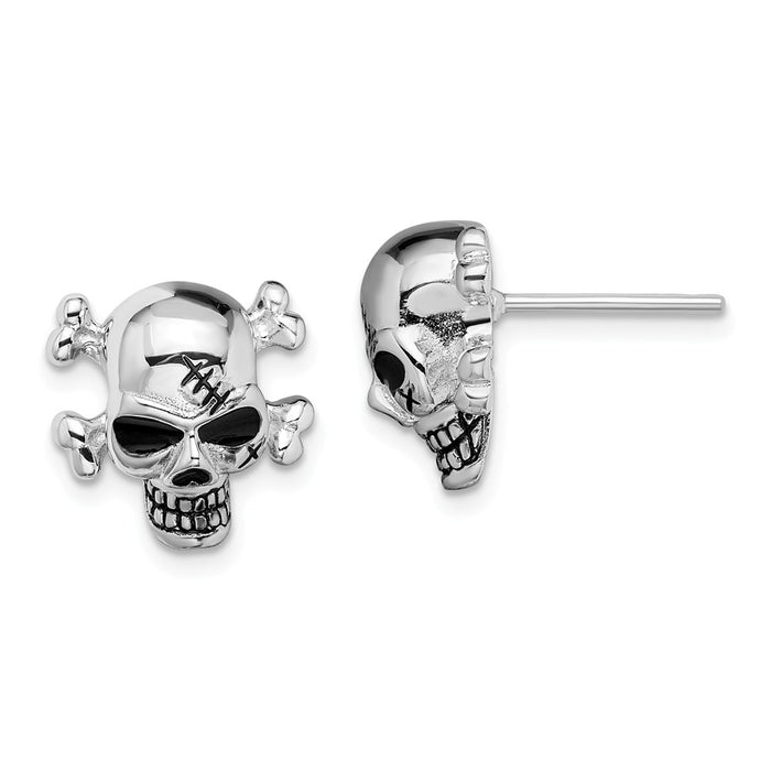 925 Sterling Silver Rhodium-plated Antiqued Enameled Skull Post Earrings, 13mm x 12.5mm