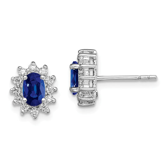 925 Sterling Silver Rhodium-plated Cubic Zirconia ( CZ ) & Synthetic Blue Sapphire Earrings, 10mm x 8mm