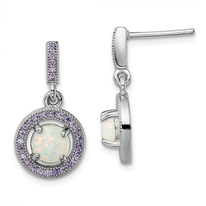 925 Sterling Silver Rhodium-plated Created Opal Purple Cubic Zirconia ( CZ ) Post Earrings, 22mm x 11.5mm