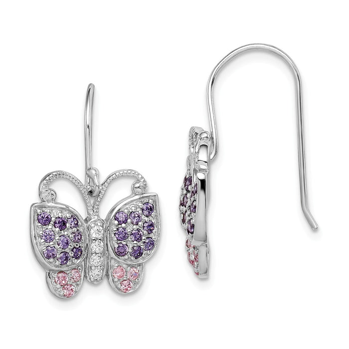 925 Sterling Silver Rhodium-plated with Cubic Zirconia ( CZ ) Butterfly Shepherd Hook Earrings, 22mm x 15.5mm