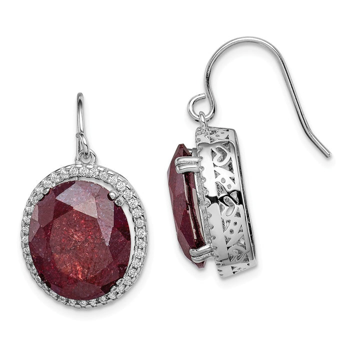 925 Sterling Silver Rhodium-plated Cubic Zirconia ( CZ ) & Cracked Red Cubic Zirconia ( CZ ) Earrings, 19mm x 15mm