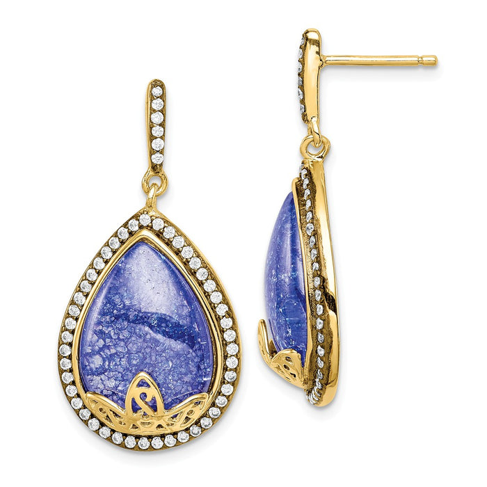 925 Sterling Silver Gold-tone Cubic Zirconia ( CZ ) and Cracked Blue Cubic Zirconia ( CZ ) Dangle Post Earrings, 34mm x 17mm