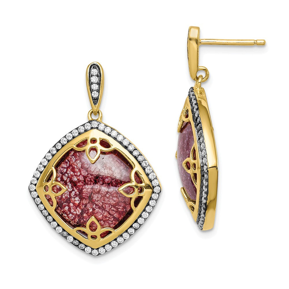 925 Sterling Silver Gold-tone Cubic Zirconia ( CZ ) and Cracked Red Cubic Zirconia ( CZ ) Dangle Post Earrings, 31mm x 22mm