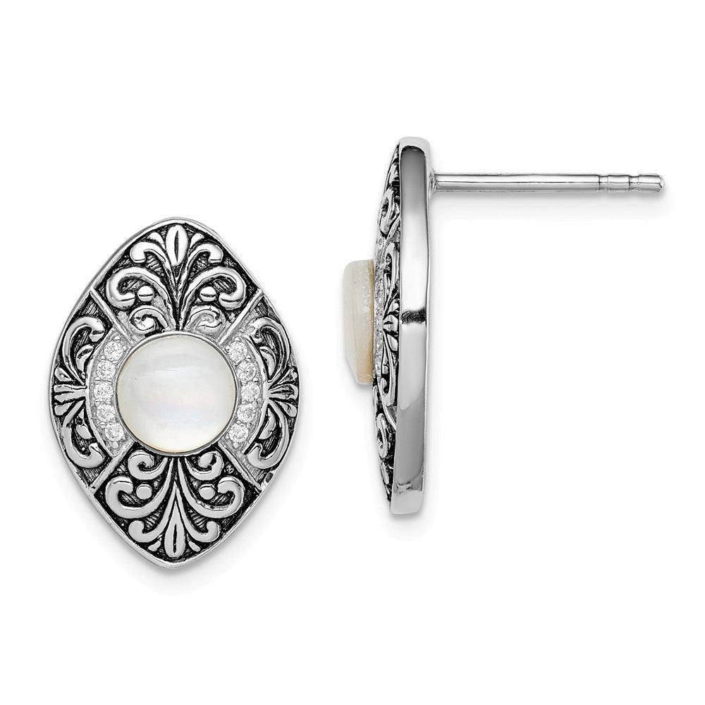 925 Sterling Silver Rhodium-plated Oxidized with MOP & Cubic Zirconia ( CZ ) Post Earrings, 18.2mm x 12.9mm