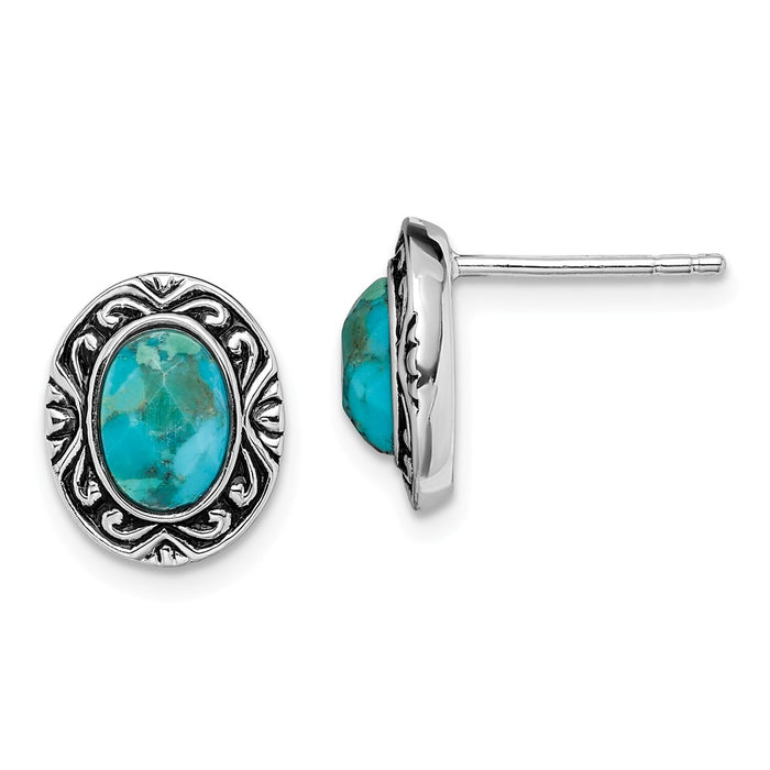 925 Sterling Silver Rhodium/Oxidized with Recon. Turquoise Post Earrings, 11.6mm x 9.5mm
