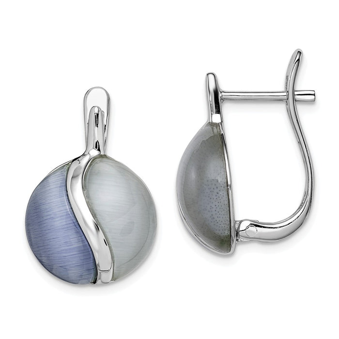 925 Sterling Silver Rhodium-plated Round Created Cats Eye Hinged Earrings, 20.5mm x 15mm