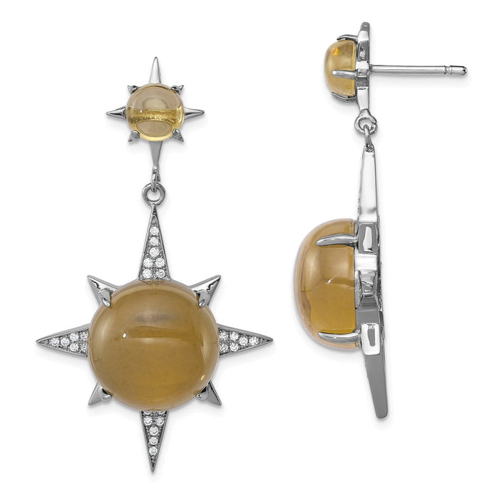 925 Sterling Silver Rhodium-plated Brown Glass & Cubic Zirconia ( CZ ) Sunburst Post Earrings, 46.5mm x 26.3mm