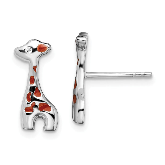 925 Sterling Silver Rhodium-plated Enameled Cubic Zirconia ( CZ ) Giraffe Post Earrings, 14.4mm x 5.9mm